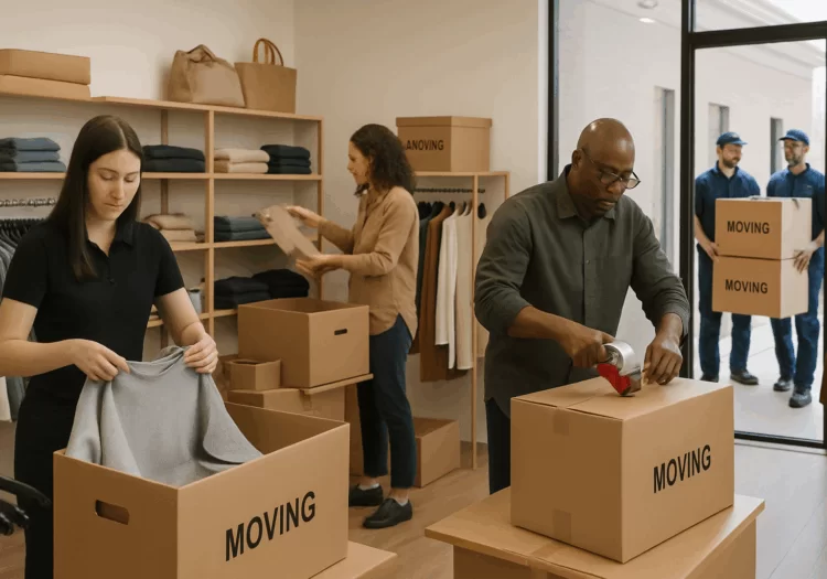 Funcionários de loja embalando roupas em caixas para mudança.