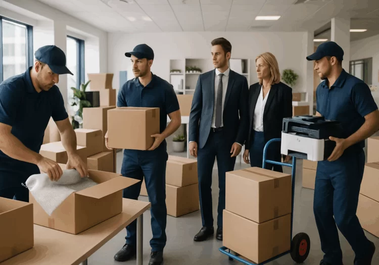 pessoas embalando móveis e equipamentos de escritório.