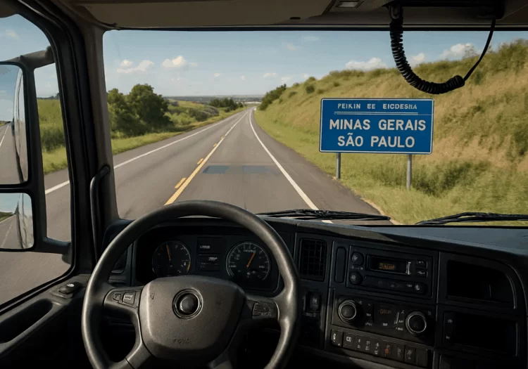Mudanças Interestaduais foto de dentro da cabine de caminhão mostrando placa de divisa entre estados São Paulo e Minas Gerais.