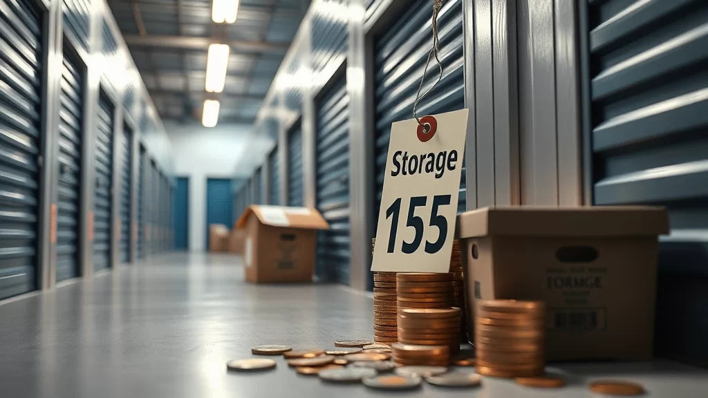 Custos de armazenagem: cartaz com caixa e pilha de moedas no chão de um guarda móveis