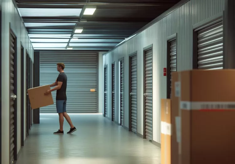 Guarda Móveis no Barreiro: homem carregando caixa de papelão para dentro de unidade.