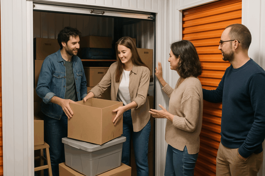 Box compartilhado: dois casais guardando caixas em guarda móveis.