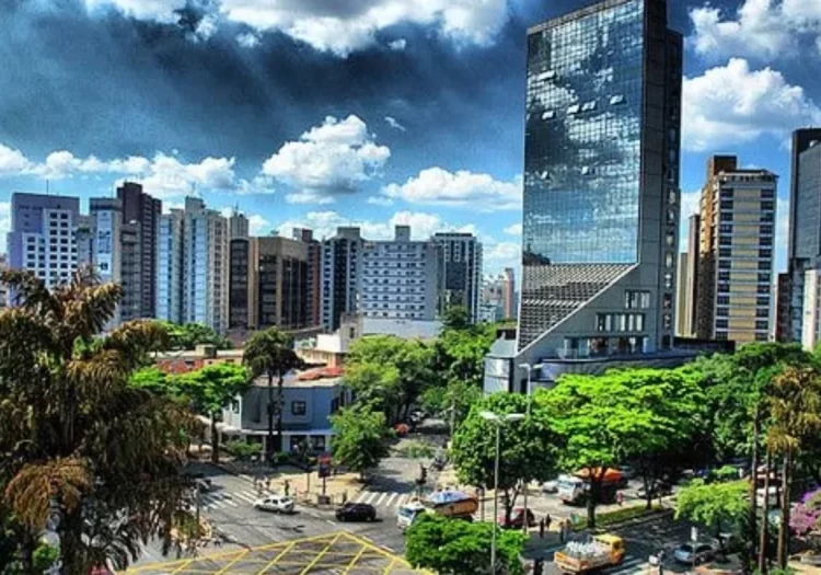 Foto mostrando prédios do bairro, área arborizada e avenidas.