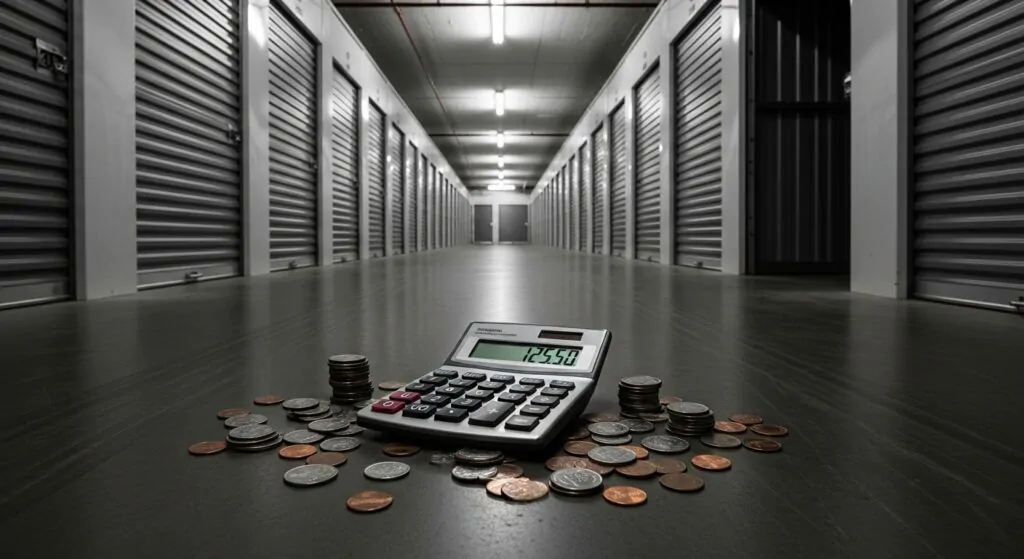 calculadora e moedas em corredor de guarda móveis