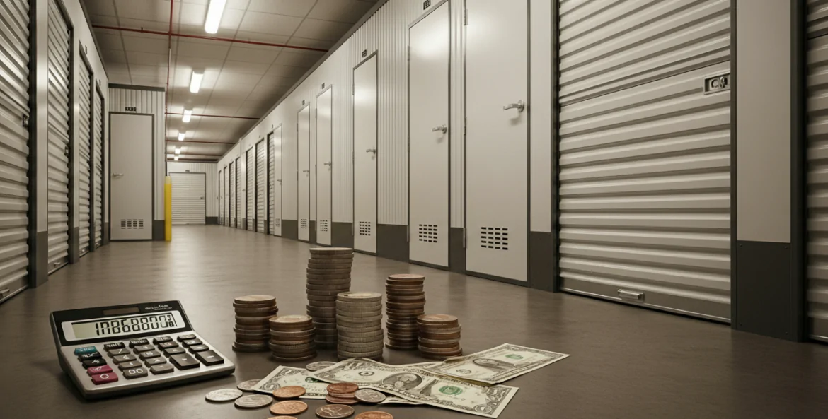 quanto custa self storage: unidade com dinheiro no chão e calculadora.