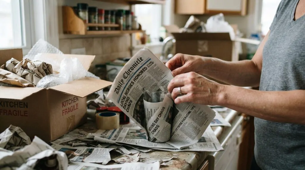 usando jornal para embalar copos